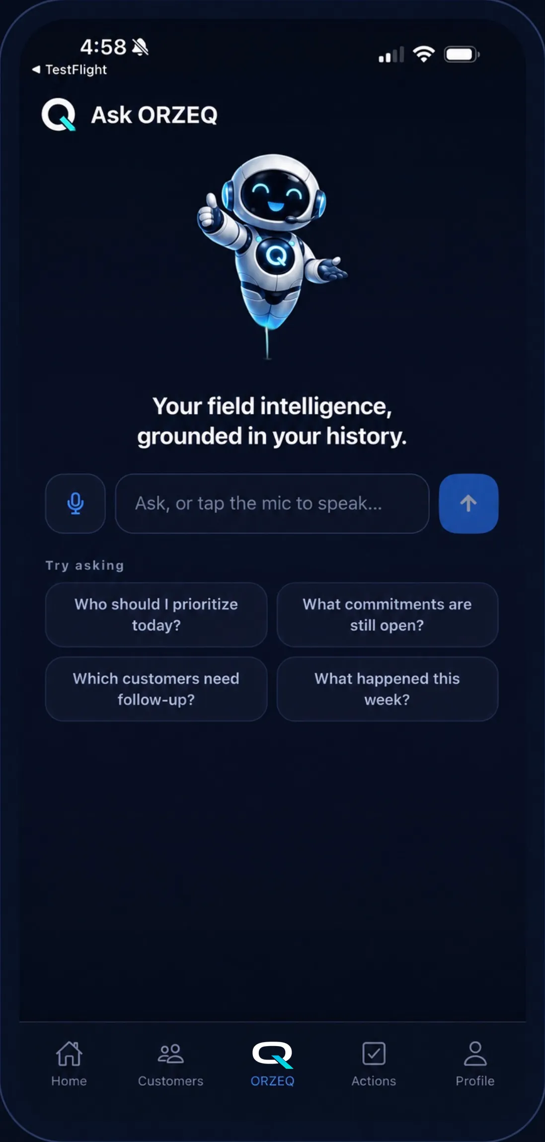 Ask ORZEQ interface for asking questions across customer relationship history.