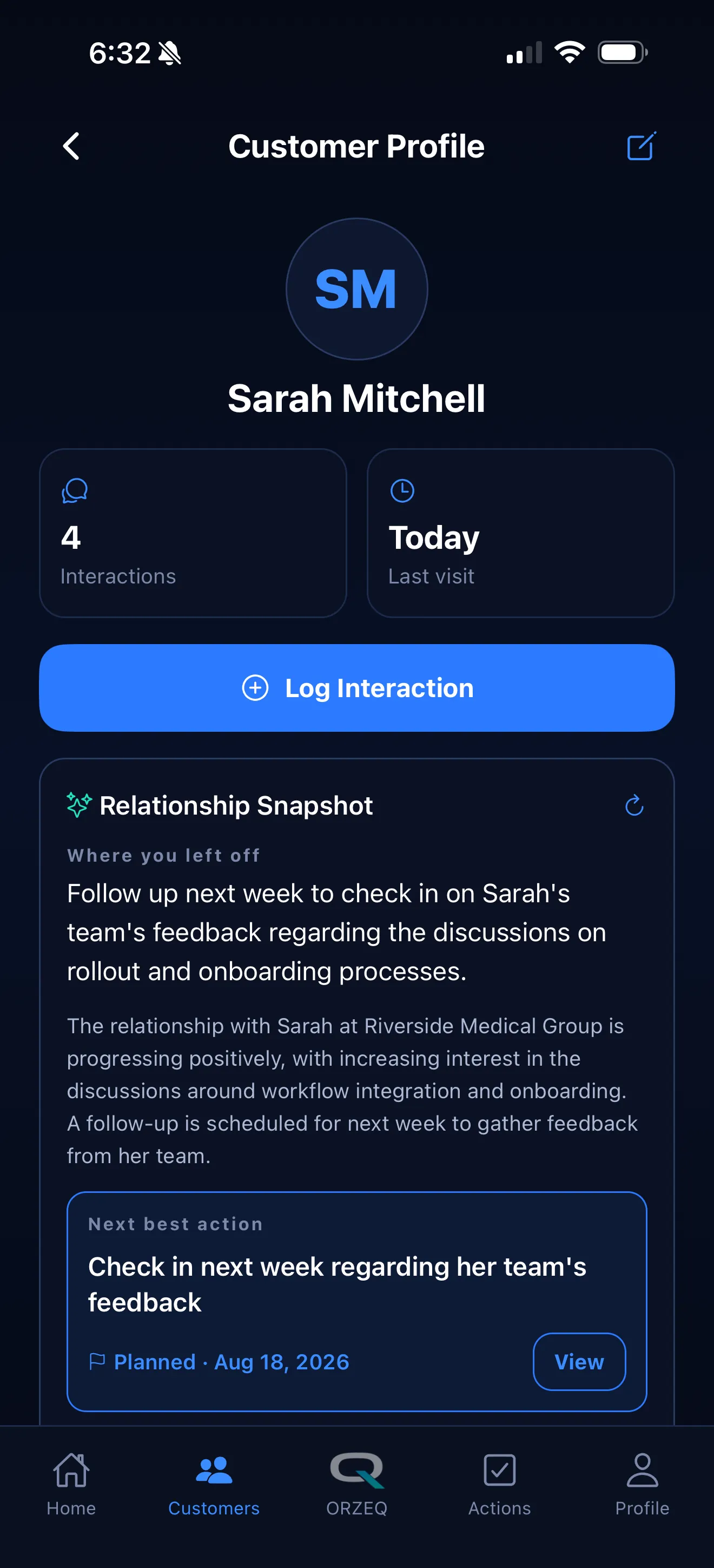 ORZEQ customer profile for Sarah Mitchell — Relationship Snapshot, Where You Left Off, and Next Best Action, with the persistent bottom navigation (Customers tab active).