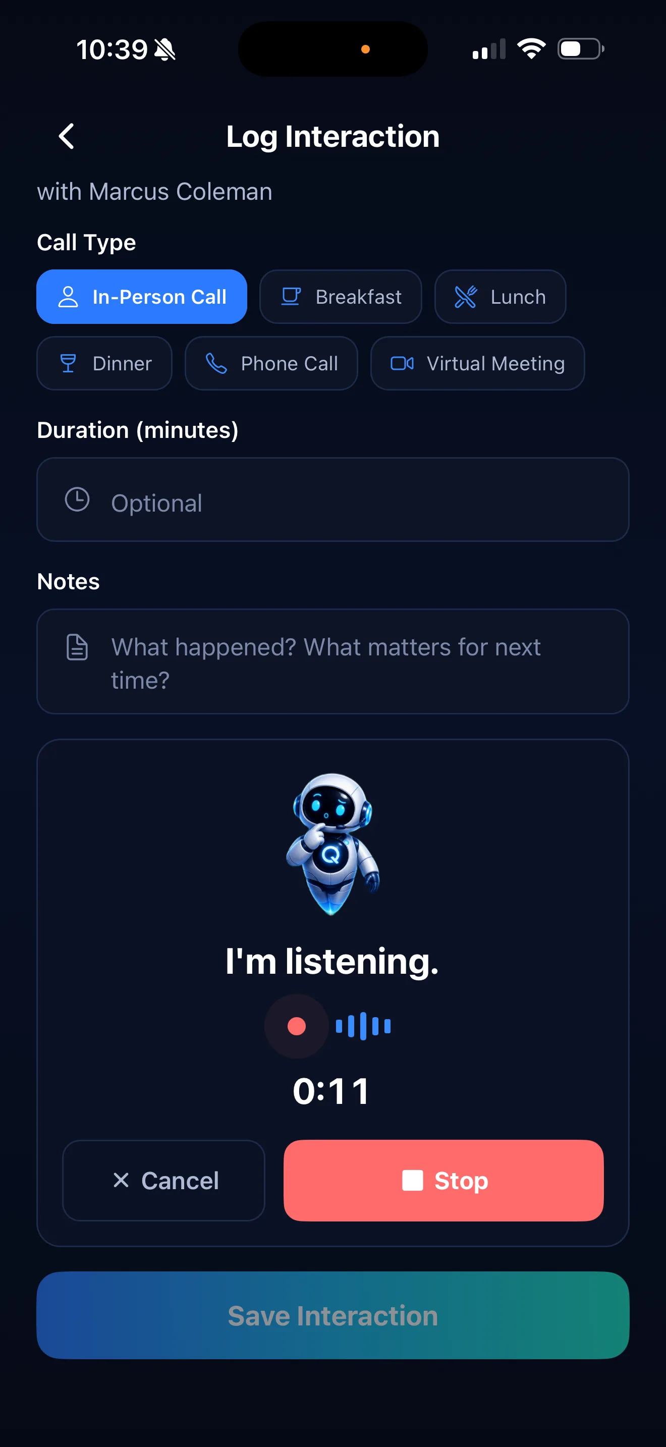 ORZEQ Log Interaction recording — "I'm listening." with a live recording indicator, a timer, and Stop / Cancel.