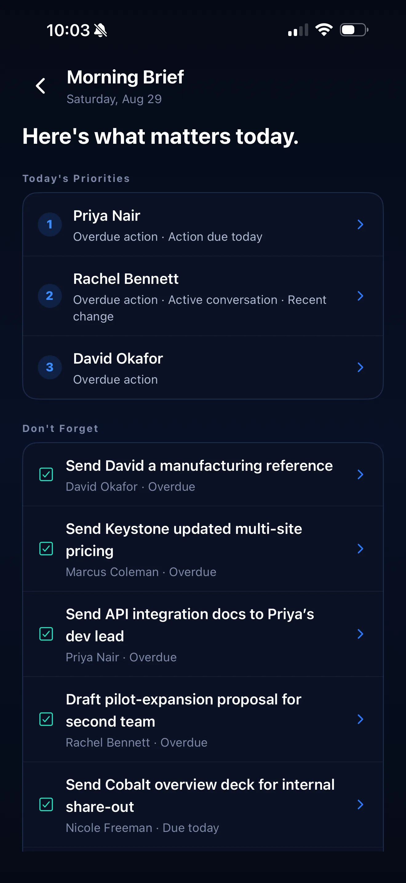 ORZEQ Morning Brief — the day's header, Today's Priorities, and Don't Forget follow-ups surfaced automatically.